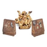 A pair of Chinese hardwood book ends decorated with soapstone figures; together with a carved