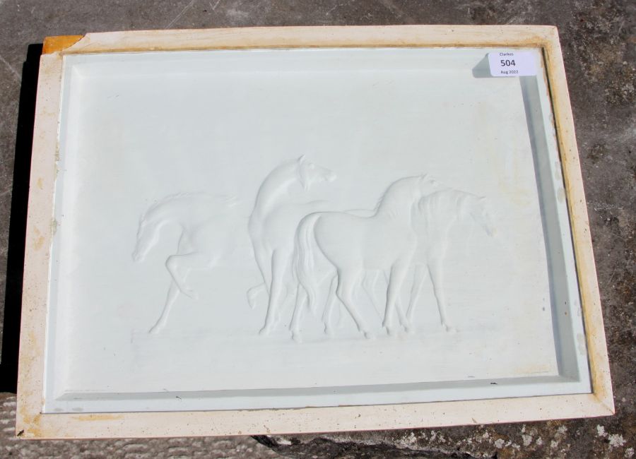 An early 20th century relief moulded plaster panel depicting a group of horses, indistinct - Image 3 of 5