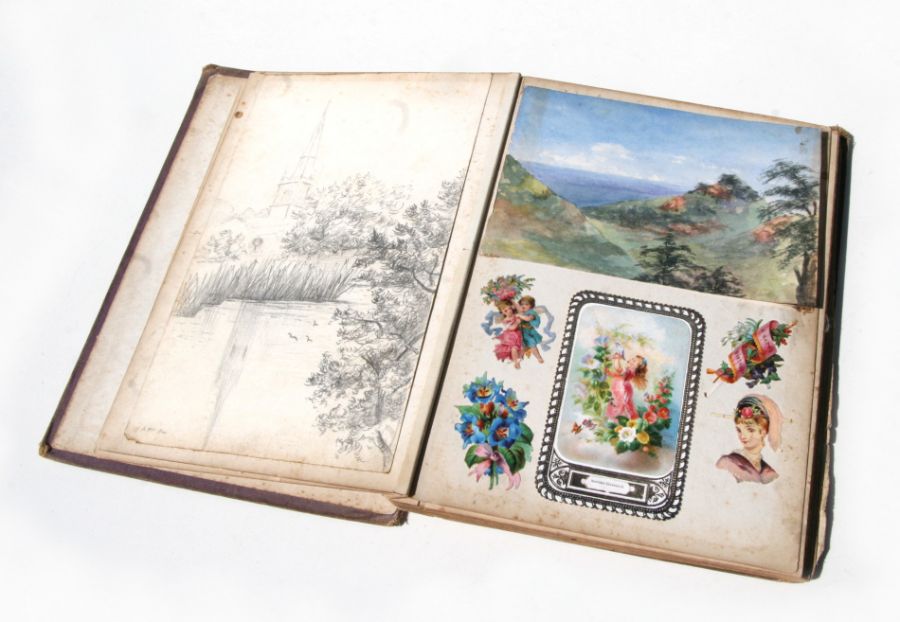 A Victorian scrap album containing various watercolours of subjects to include landscapes, botanical - Image 2 of 6