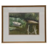 Ena Pitfield, R.A. (1917-2012), pond with a moored rowing boat, signed lower left corner,