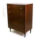 A Meredew Furniture mid century teak chest of five long drawers, on tapering cylindrical legs, 70cms