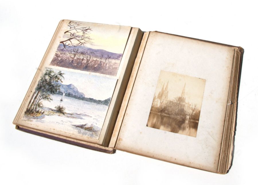 A Victorian scrap album containing various watercolours of subjects to include landscapes, botanical - Image 4 of 6