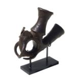 African Art / Tribal Art: a bronze Bamun or Tikar elephant head pipe bowl, on stand, 17.5cms long