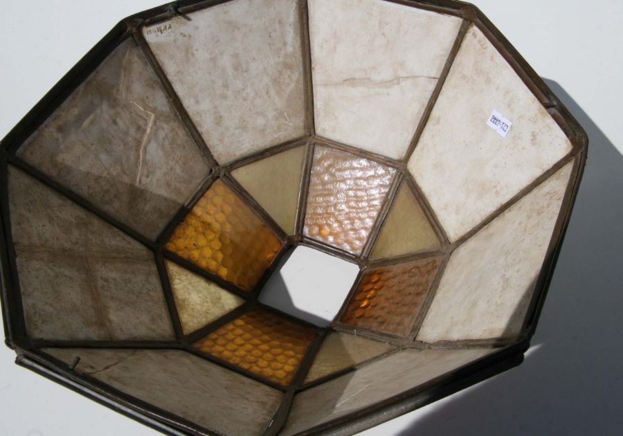 A brass mounted coloured glass ceiling light with coloured KPM porcelain panels, 36cms diameter. - Image 4 of 9