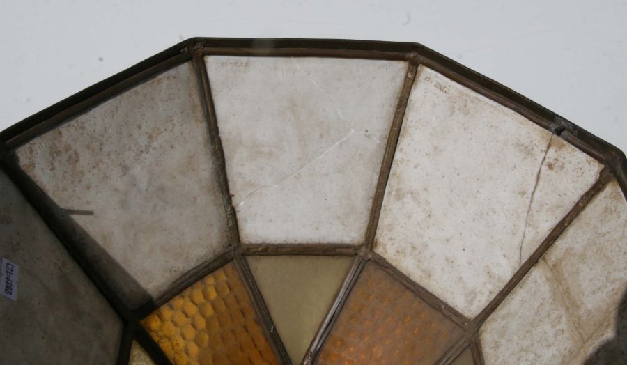 A brass mounted coloured glass ceiling light with coloured KPM porcelain panels, 36cms diameter. - Image 2 of 9