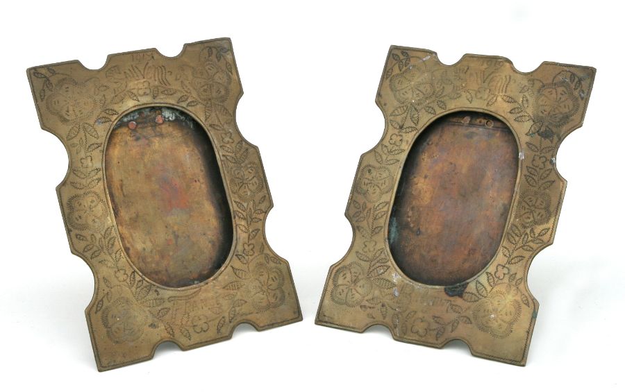 Two French / Belgium trench art souvenir strut photo frames dated 1919, overall 14 by 18cms (2).