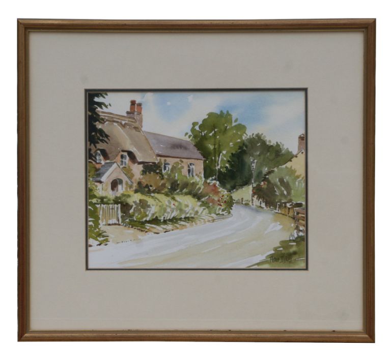 Peter Dykes (modern British) country lane with cottage, signed lower right corner, watercolour,