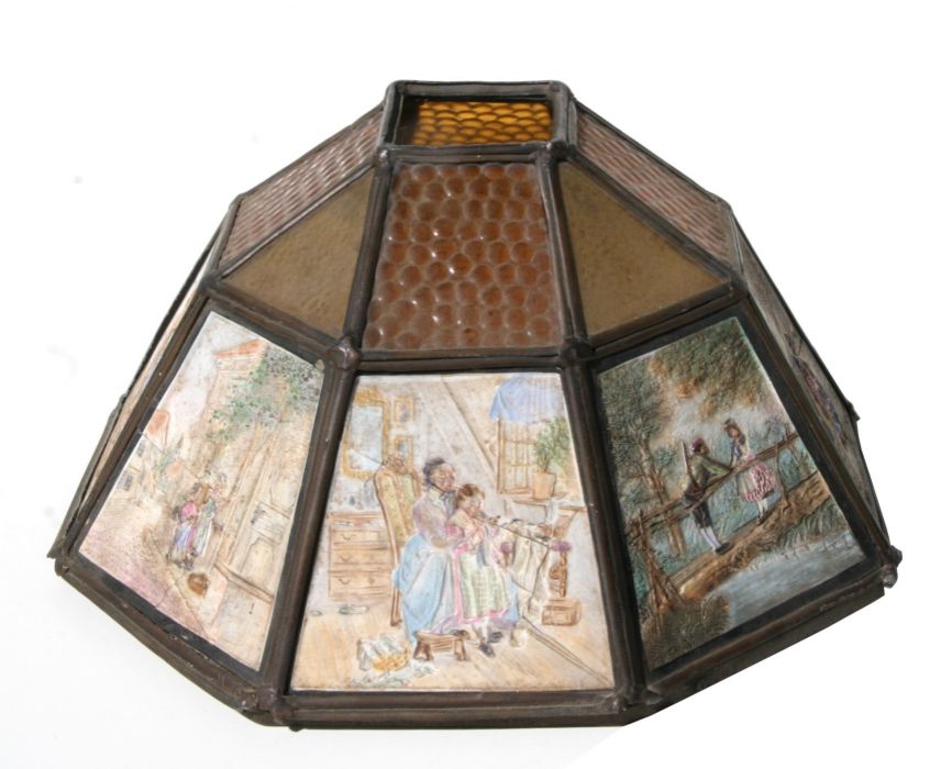 A brass mounted coloured glass ceiling light with coloured KPM porcelain panels, 36cms diameter. - Image 9 of 9