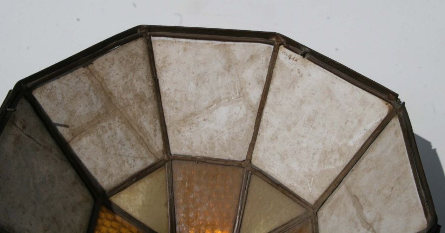 A brass mounted coloured glass ceiling light with coloured KPM porcelain panels, 36cms diameter. - Image 3 of 9