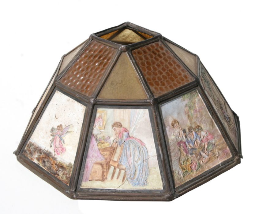 A brass mounted coloured glass ceiling light with coloured KPM porcelain panels, 36cms diameter. - Image 8 of 9