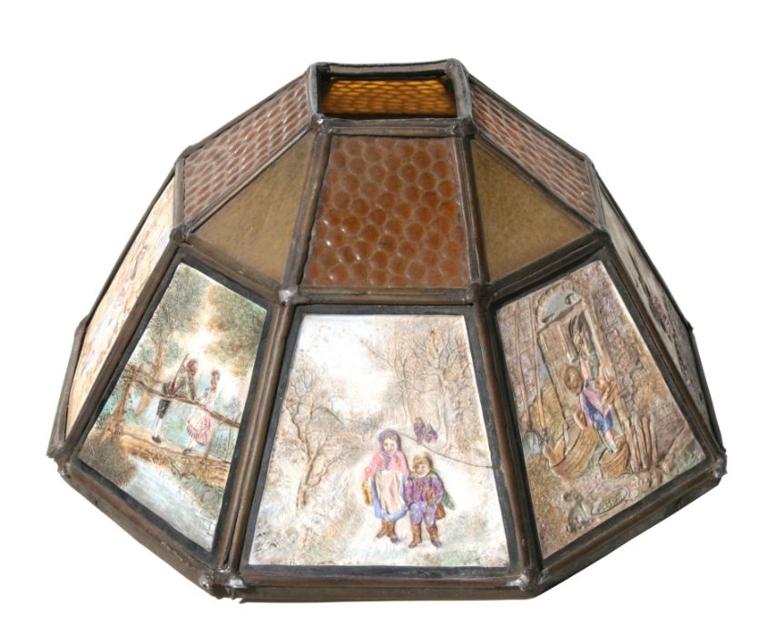A brass mounted coloured glass ceiling light with coloured KPM porcelain panels, 36cms diameter.