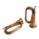 Two copper and brass bugles, both with mouthpieces (2).