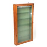 A pine wall hanging collector's display cabinet with single glazed panelled door enclosing a shelved