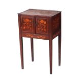 A 19th Century mahogany marquetry side cabinet with two cupboard doors standing tapering square