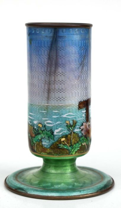 A Japanese Ginbari cloisonne enamel spill vase decorated with a peacock within a landscape, 12cms - Bild 7 aus 12