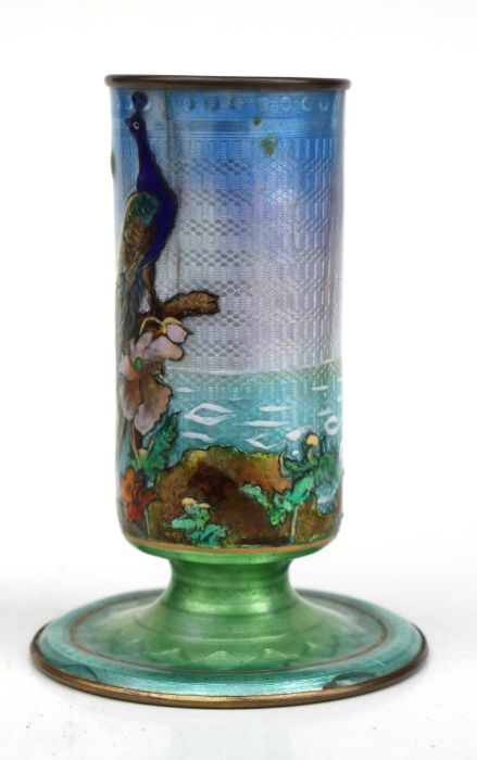 A Japanese Ginbari cloisonne enamel spill vase decorated with a peacock within a landscape, 12cms - Bild 6 aus 12