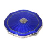 An early 20th century silver & blue guilloche enamel compact, Birmingham 1935, 8cms wide.