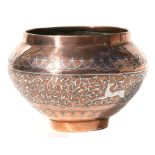An Indo Persian copper bowl with white metal inlay, 18cm diameter