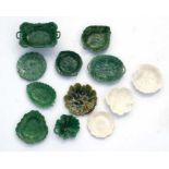 A Wedgwood majolica leaf comport, 34cms wide; together with other similar comports and dishes.