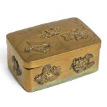 A Japanese rectangular brass snuff box decorated in relief with birds and mythical beasts, 10cms