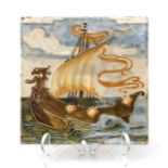 A Minton type pottery tile depicting a Viking ship, 16cms wide.Condition ReportThere are some