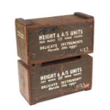 Two painted military pine boxes 'height & A/S units for Mark XIV bomb sights' each 69cm wide