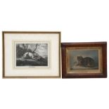 A late 19th century coloured print - A Cat with Mice - in a rosewood frame; together with three