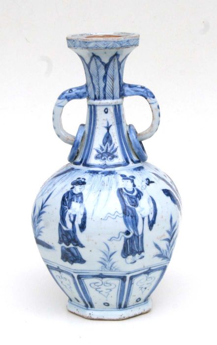 A Chinese blue and white two handled vase, decorated figures in a landscape, 33cm high