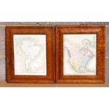 A pair of 19th century hand coloured maps of North and South America, 23 by 29cms, both in bird's