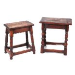 A 17th century style oak joint stool, 46cms wide; together with another similar, 38cms wide (2).