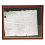 A Georgian indenture on vellum, framed & glazed.