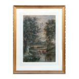 Victorian school - Herd of Cattle Drinking in the River - watercolour, framed & glazed, 44 by