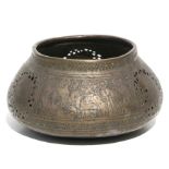 Indo Persian pierced brass palm pot, decorated figures 21cm diameter