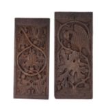 Two carved wooden panels in the 16th Century taste decorated a phoenix, 40cm by 18cm and 38cm by