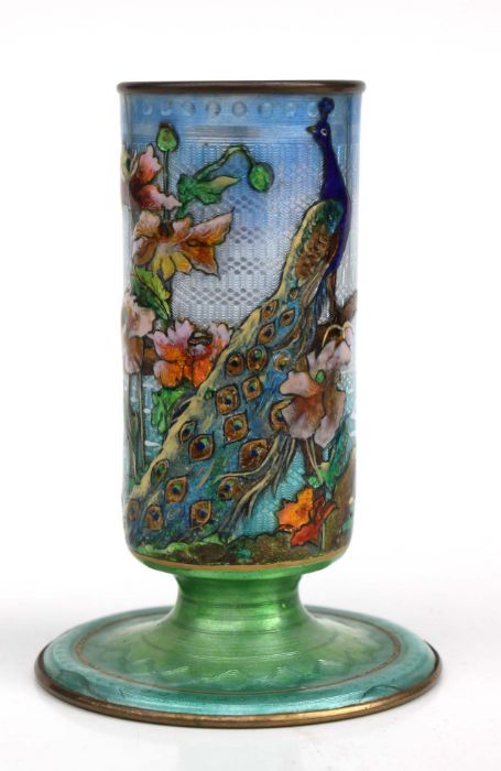 A Japanese Ginbari cloisonne enamel spill vase decorated with a peacock within a landscape, 12cms - Bild 5 aus 12