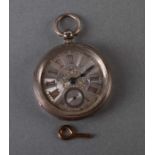 A late Victorian silver open faced pocket watch, the silver dial with Roman numerals and