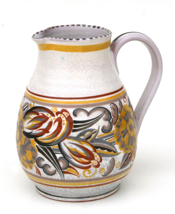 A Carter Stabler & Adams Poole pottery jug decorated by Anne Hatchard, 20cms high.Condition