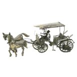 An Indian white metal horse and carriage, 22cms long.