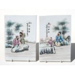 A pair of Chinese Republic style porcelain panels depicting figures in a landscape, with