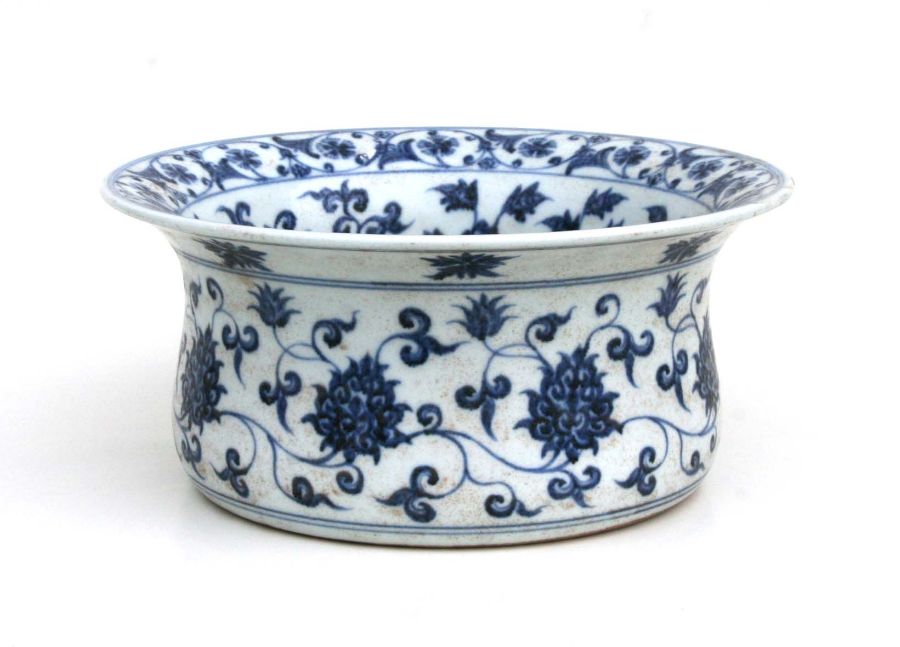 A large Chinese blue and white bowl decorated flowering scrolling foliage, 32cm diameter