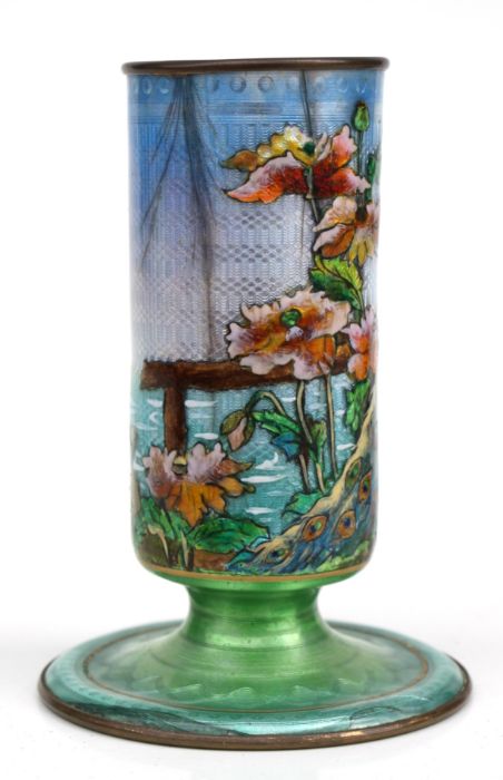 A Japanese Ginbari cloisonne enamel spill vase decorated with a peacock within a landscape, 12cms