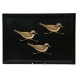 A retro Couroc of Monterey, California, brass inlaid lacquer tray decorated with three sandpipers,