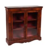 A Victorian inlaid figured walnut display case, the pair of glazed doors enclosing shelved