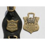 A group of seven horse brasses on a leather strap with makers plaque for J newton, Ilkeston,