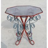 Two French painted wrought iron bistro or garden tables, 71cms diameter and 52cms diameter (2).