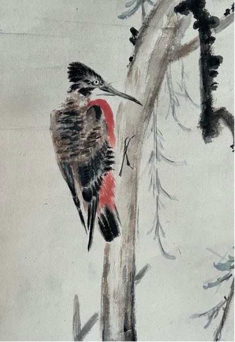 A Chinese ink and watercolour on paper scroll painting, depicting birds resting on branches. - Image 5 of 6