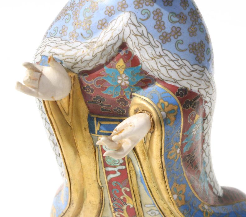 An early 20th century Chinese cloisonne figure of a robed woman with simulated ivory face and hands, - Image 4 of 8