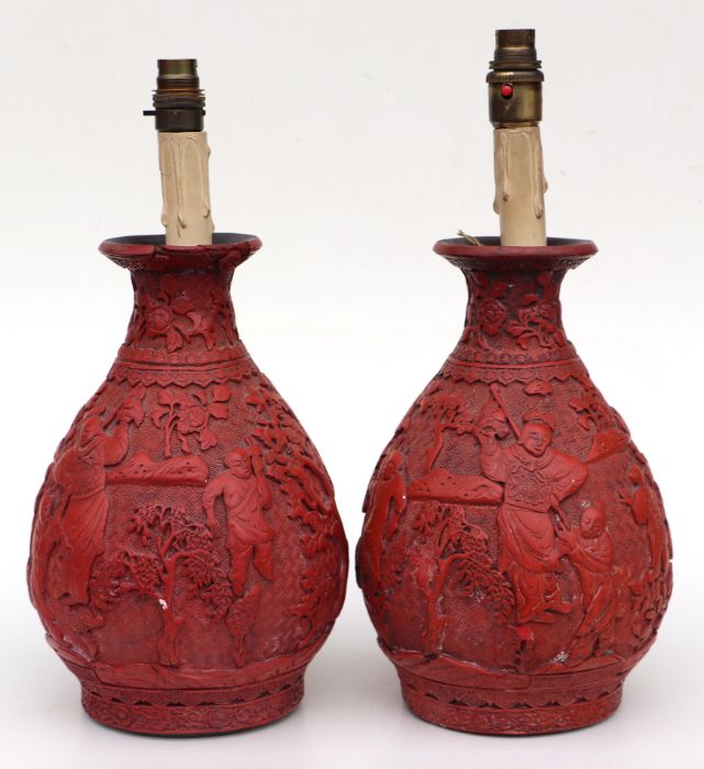 A pair of Chinese cinnabar lacquer baluster vases decorated with figures in a landscape, converted - Image 3 of 7