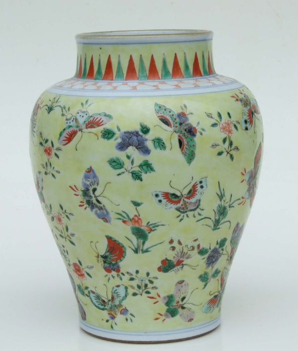 A Chinese famille rose baluster vase decorated with butterflies on a pale yellow ground, 26cms - Image 2 of 6