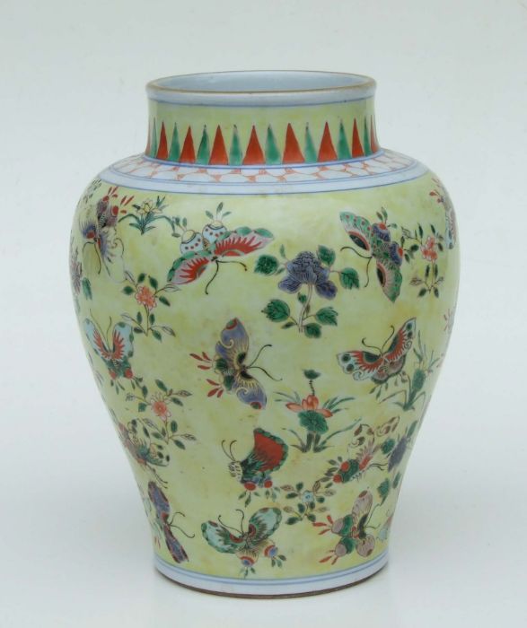 A Chinese famille rose baluster vase decorated with butterflies on a pale yellow ground, 26cms - Image 4 of 6